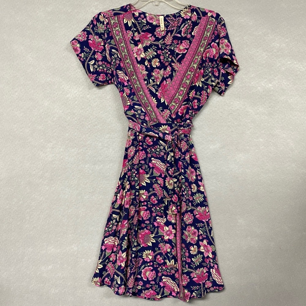 Raga Women Small Wrap Dress Navy Pink Floral Boho Whimsical Fairy V-Neck
